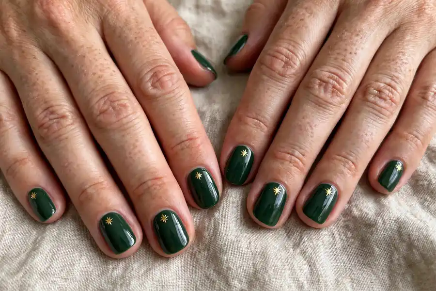 Evergreen nails with gold star accents on real hands