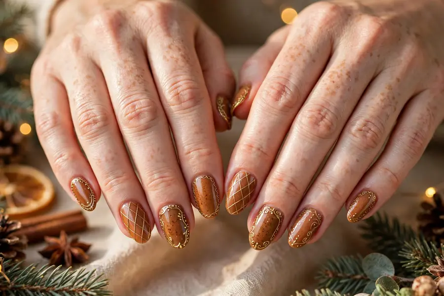 Gold trim gingerbread nails with elegant gold lines on brown on real hands