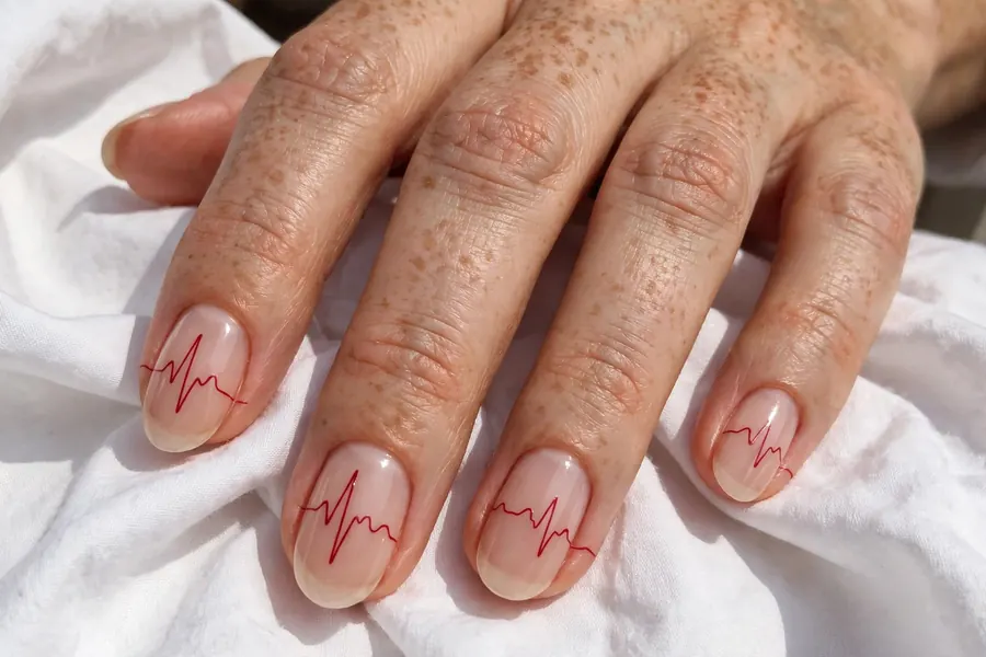 Heartbeat line Valentine's Day nails with red EKG design on nude