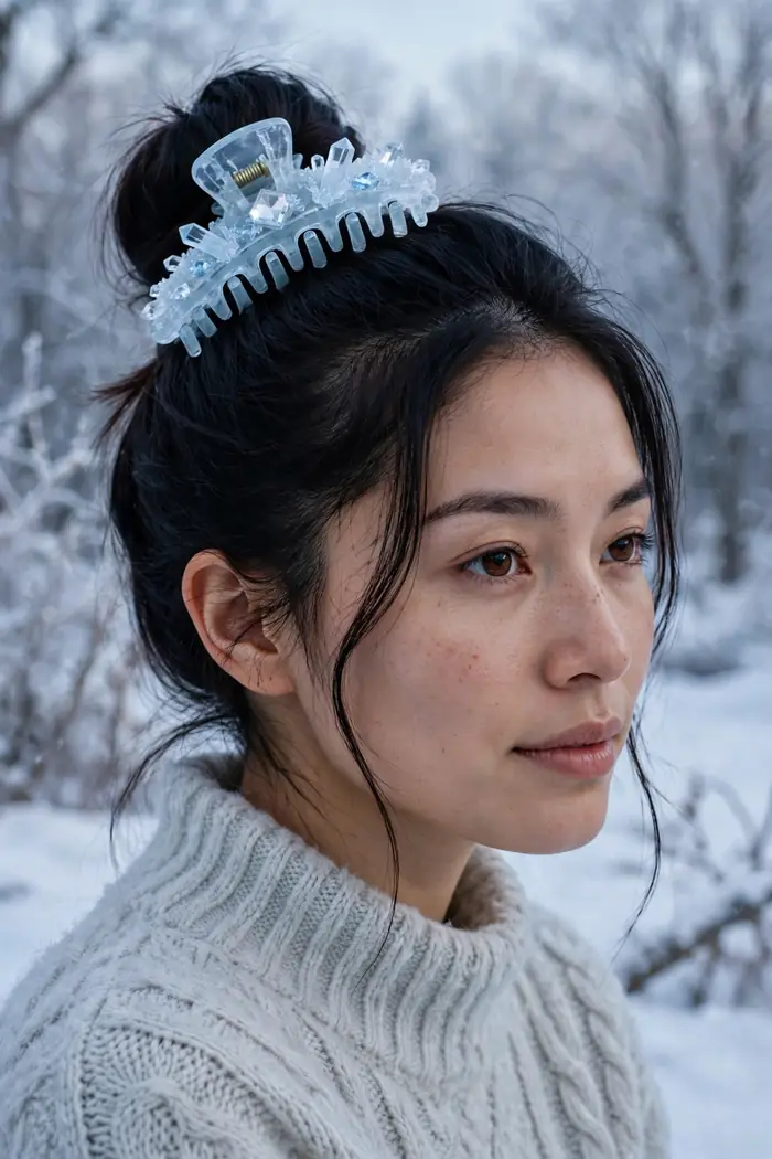 high bun secured by an icy blue crystal claw clip