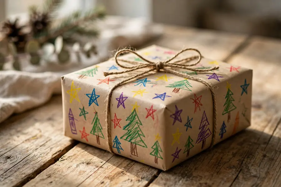 A Christmas gift wrapped in kraft paper decorated with children's crayon drawings