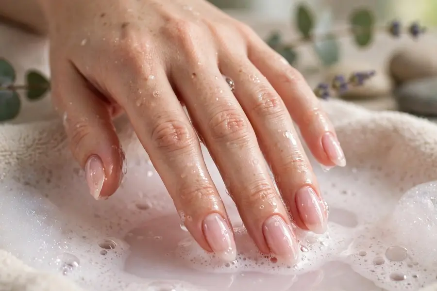 Long oval bubble bath nails in sheer pink on real hands