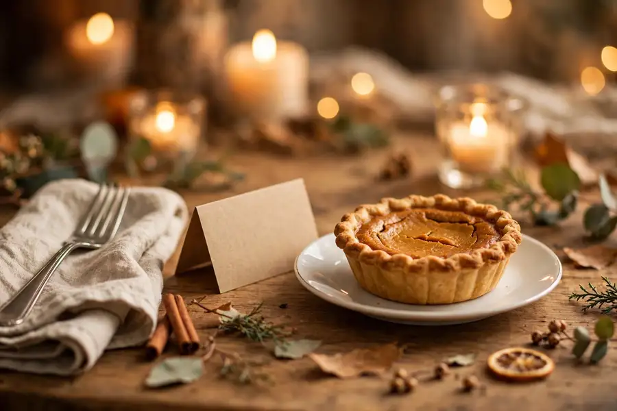 Mini pumpkin pies as place settings on a thanksgiving table