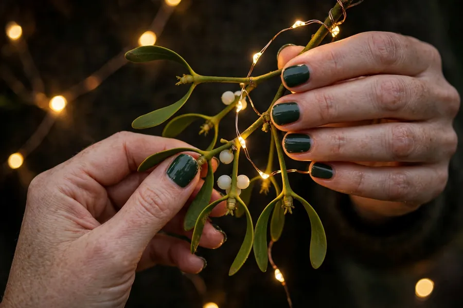 Mistletoe with twinkle light strings on mistletoe nails on real hands by fairy lights