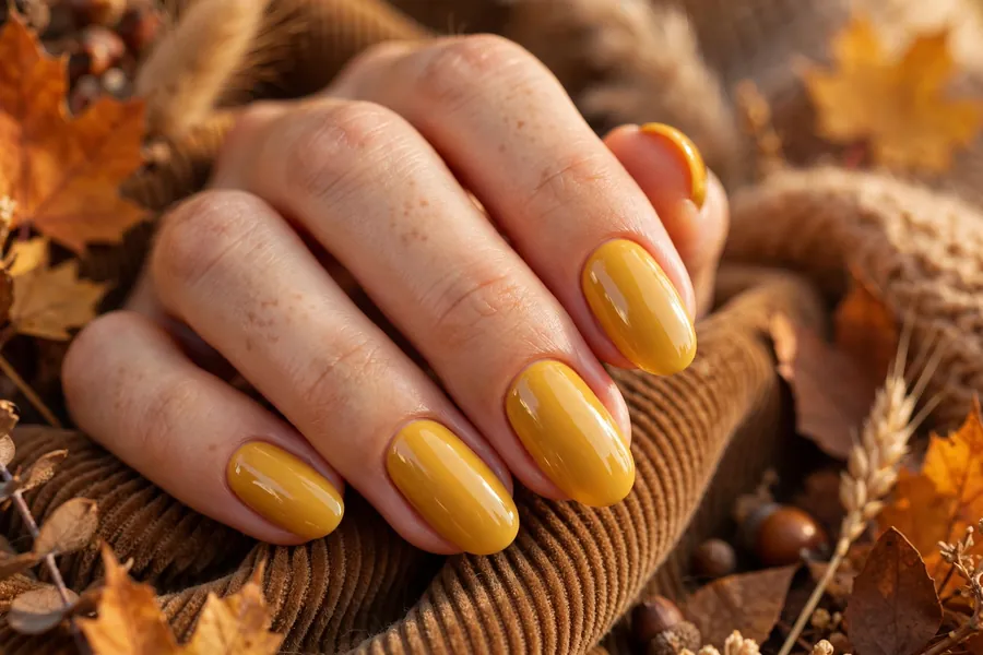 Mustard yellow glossy fall nails