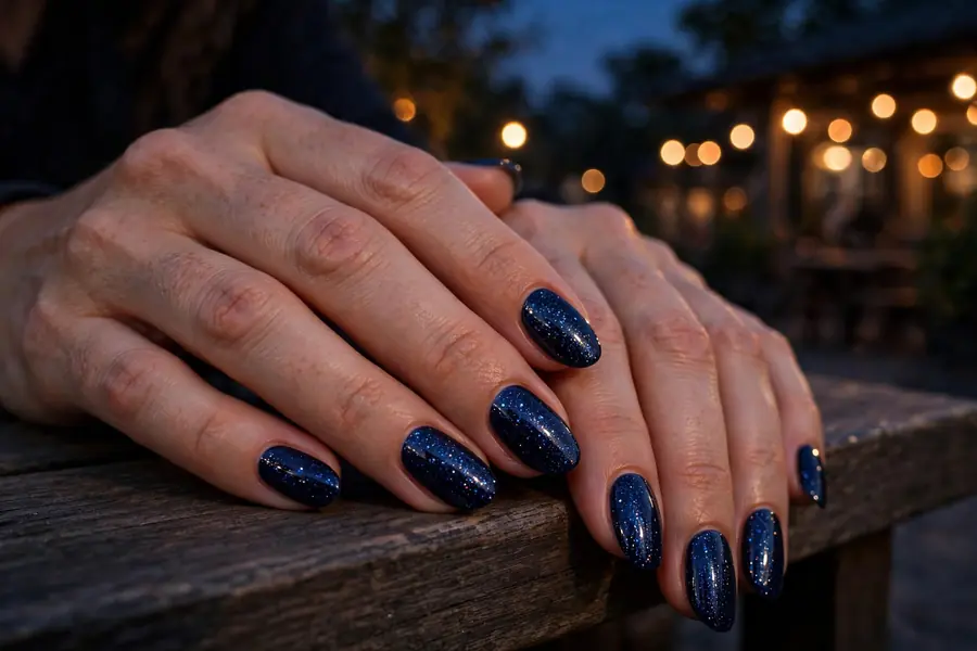 Deep navy glitter nails on real hands under evening lights