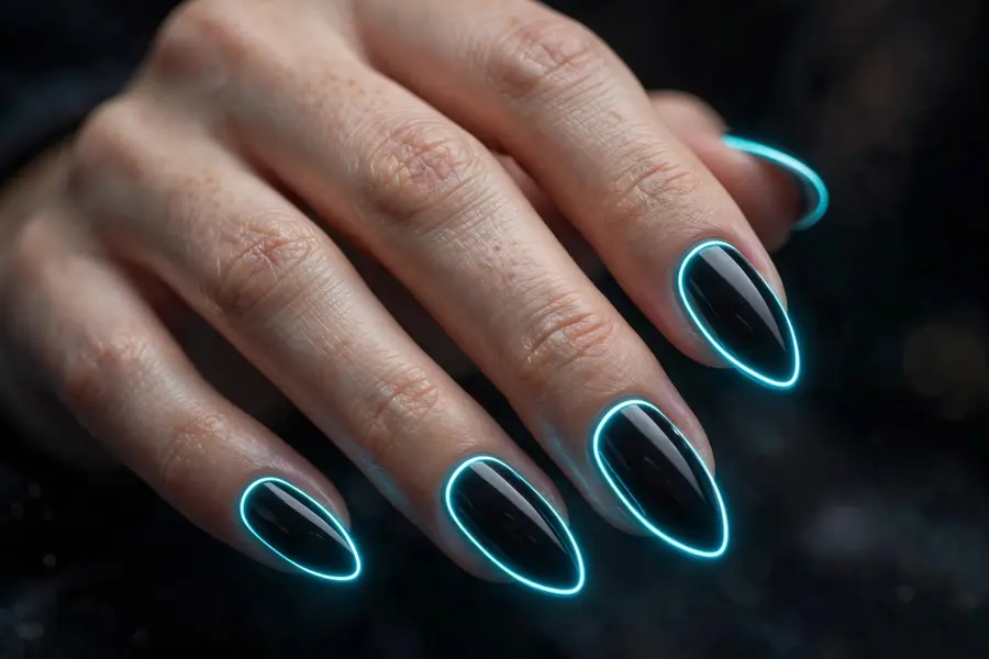 Neon edge striped almond nails over black on real hands