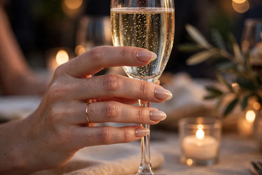 Sheer nude date night nails with thin gold line detail on real hands holding a champagne flute
