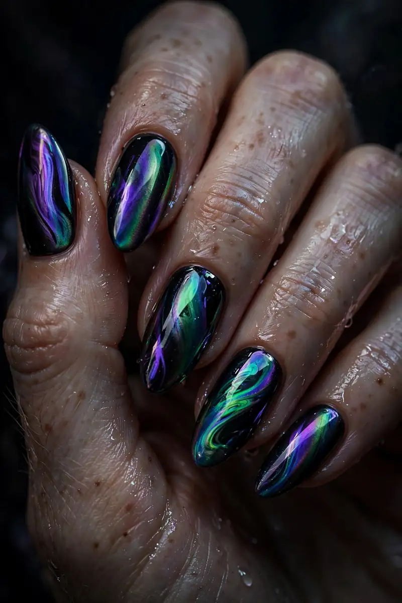 Oil-slick iridescent gothic chrome nails