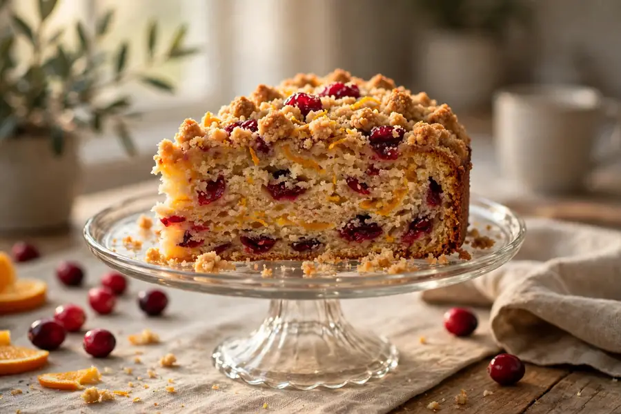 Orange cranberry coffee cake slice with crumb topping on a cake stand