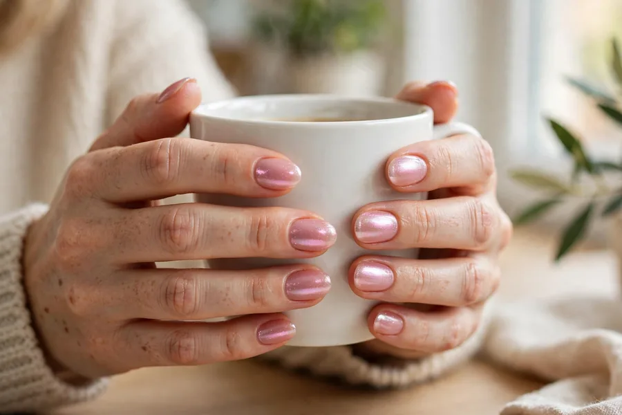 Oval jelly pink chrome nails wrapped around a white coffee cup