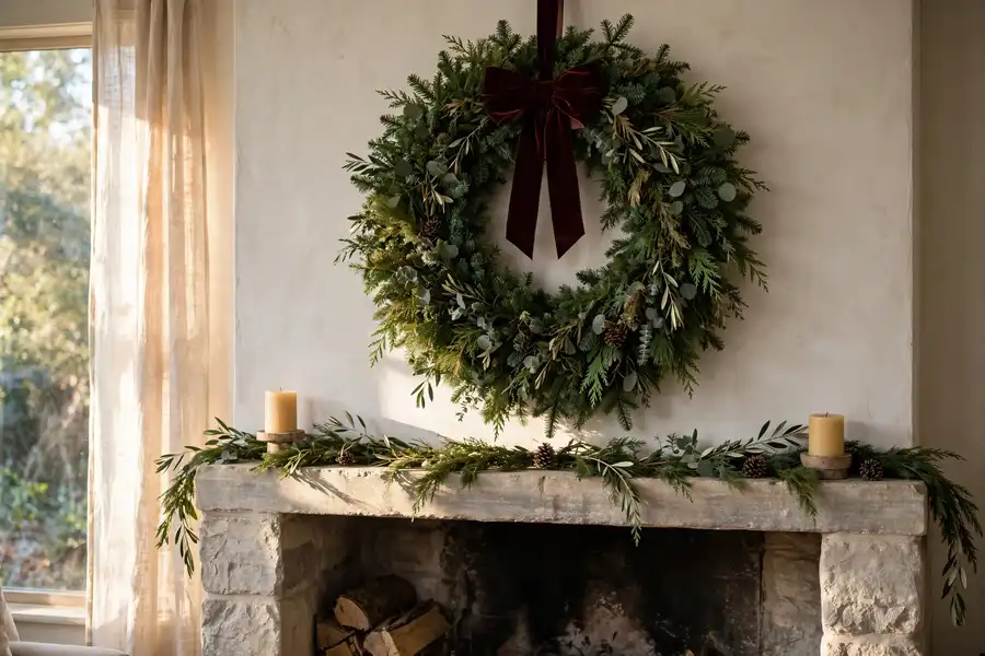 Oversized Christmas wreath centered above a fireplace mantel