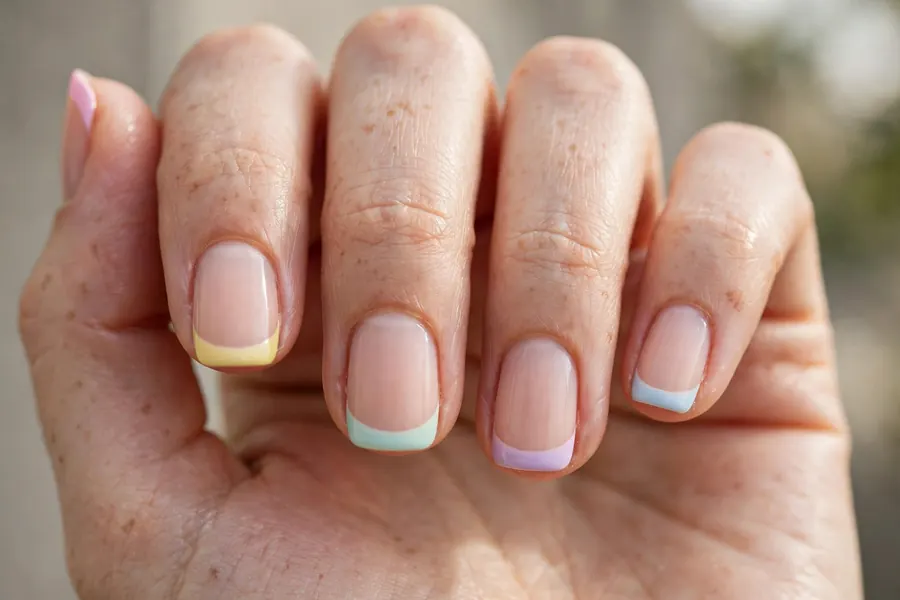 Pastel rainbow tip short nail designs on real hands