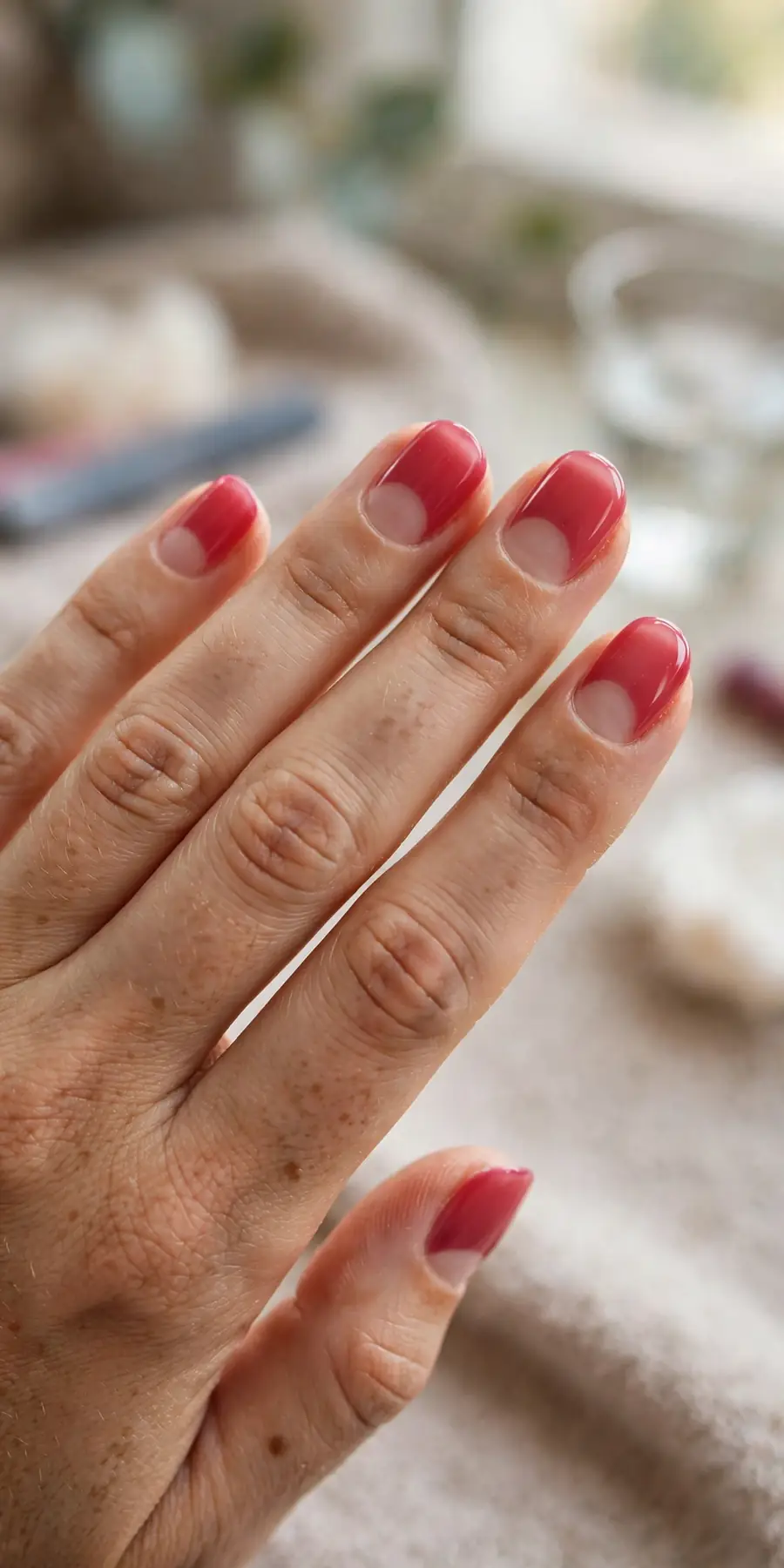 Raspberry jelly nails with negative-space half-moon cuticle details