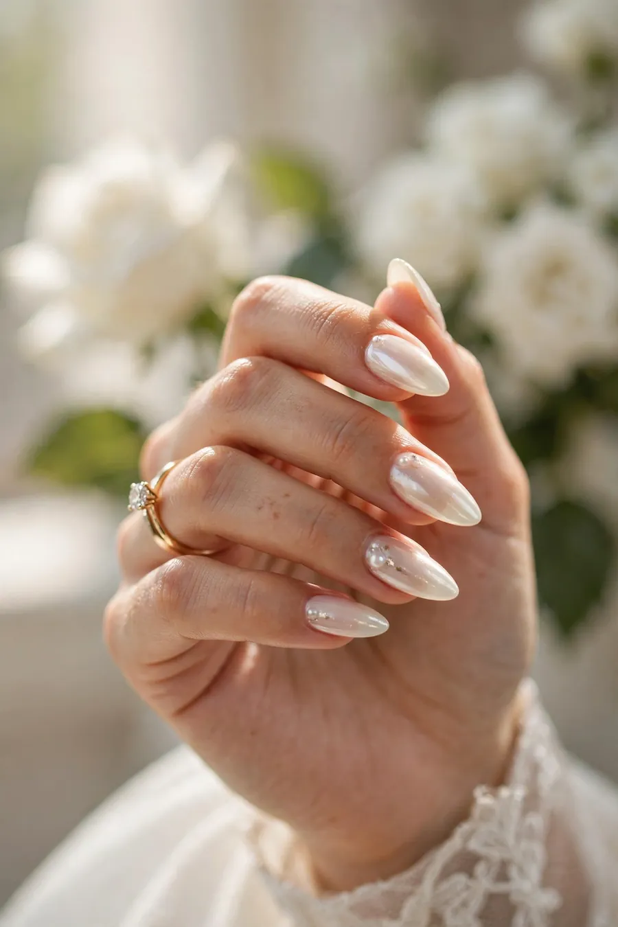 Long almond shaped pearlescent ivory bridal nails