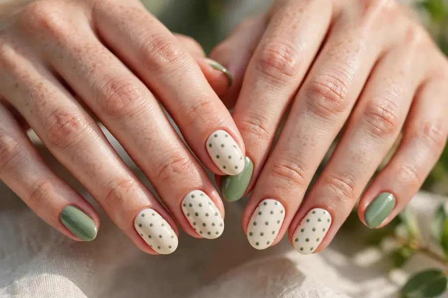 Cream nails with small sage green polka dots