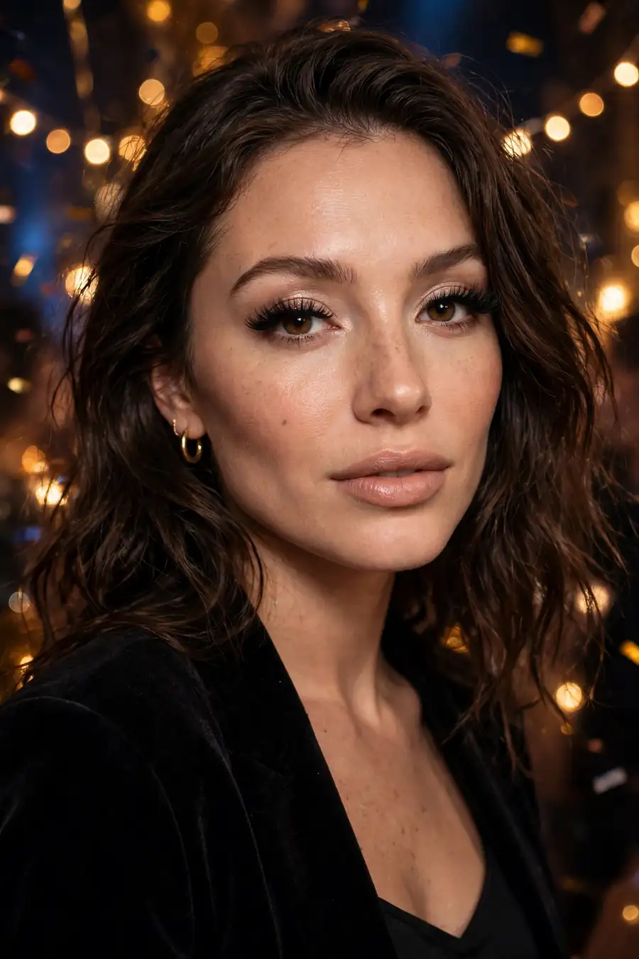 Woman with satin nude makeup and dramatic lashes for New Year's Eve