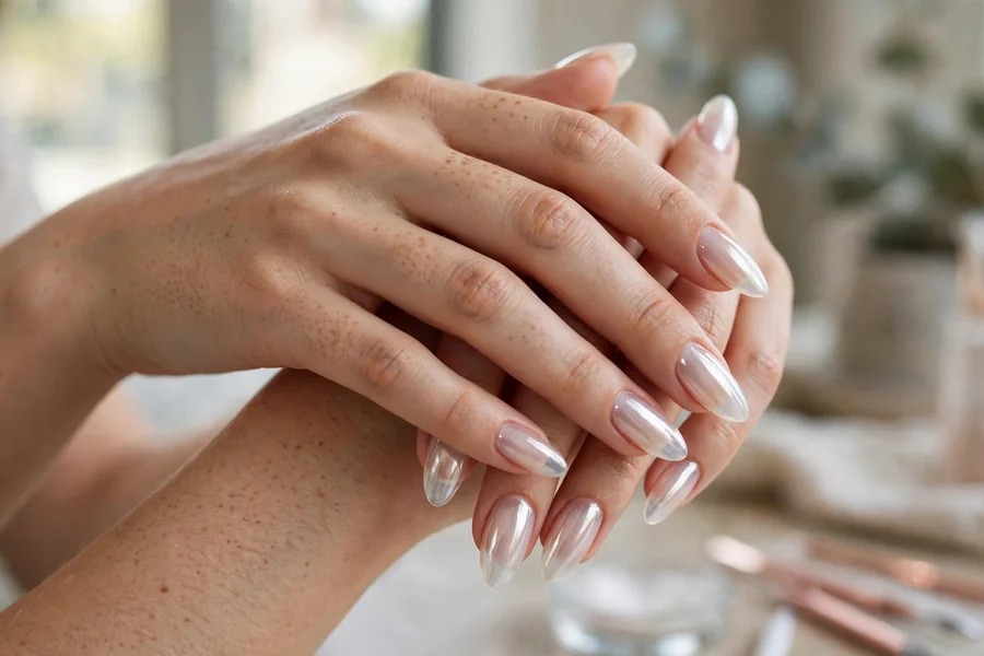 Sheer milky jelly milky white chrome nails with glassy depth