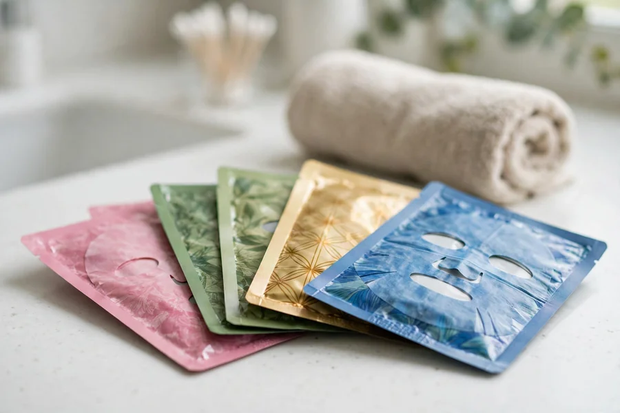 Fanned-out variety pack of colorful sheet mask packets