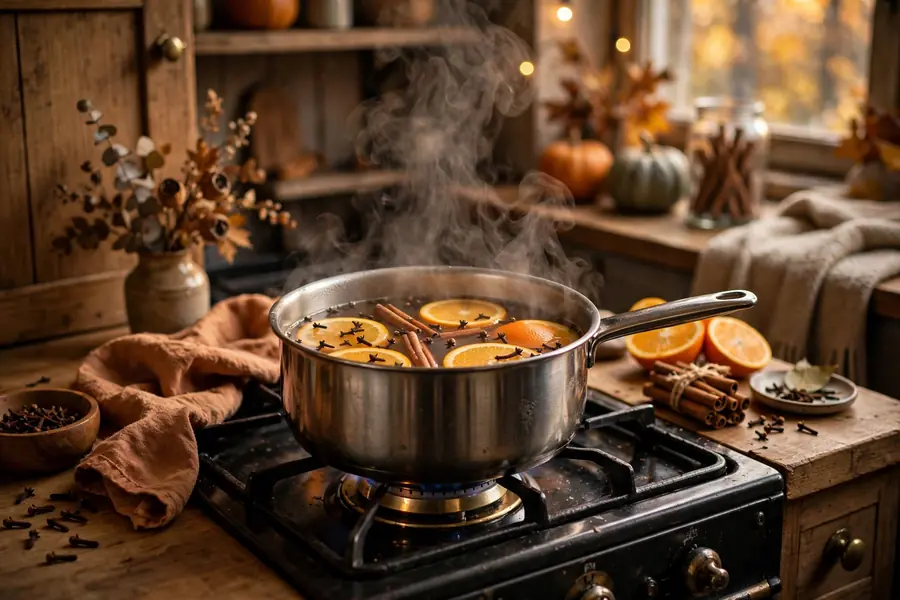 Fall home decor ideas with a simmer pot of oranges and cinnamon on the stove