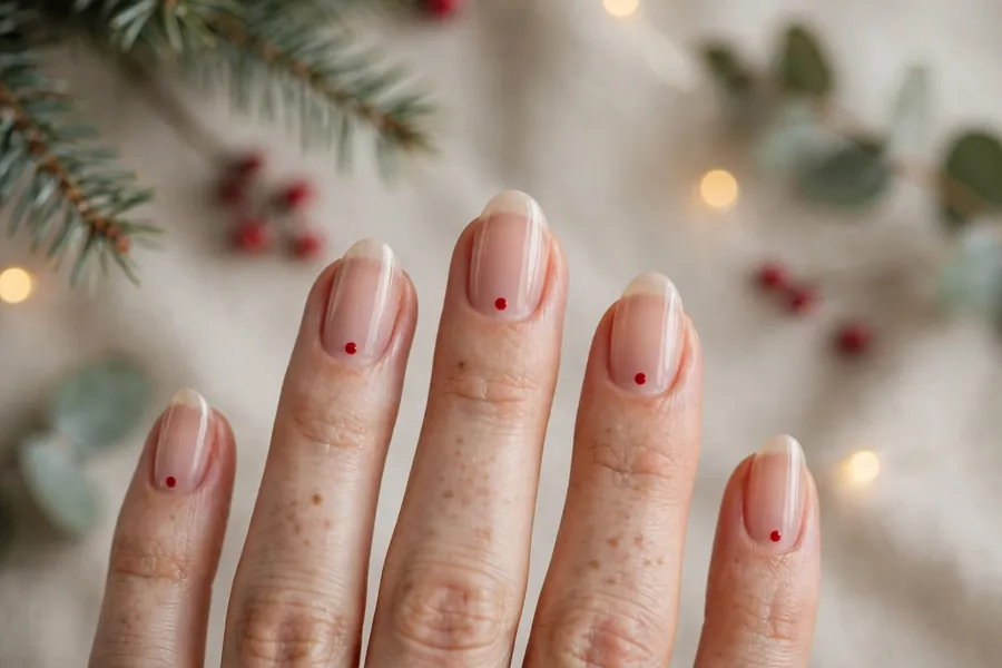 Nude nails with single red dot accent