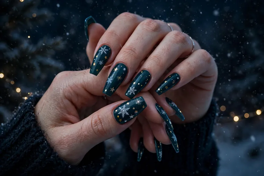 Long coffin nails in dark teal with white snowflakes and tiny gold stars on real hands