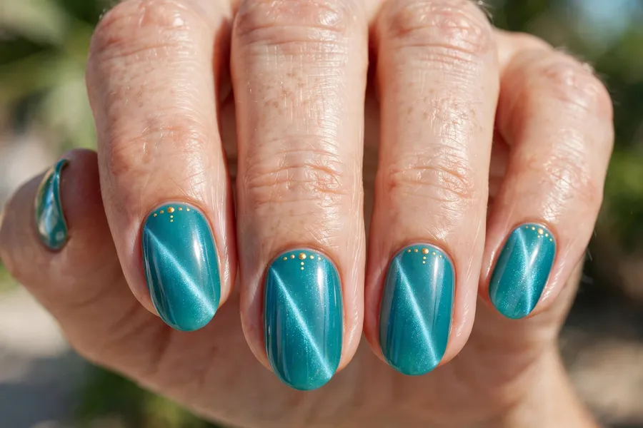 Teal ocean polka dot cat eye nails with gold dots