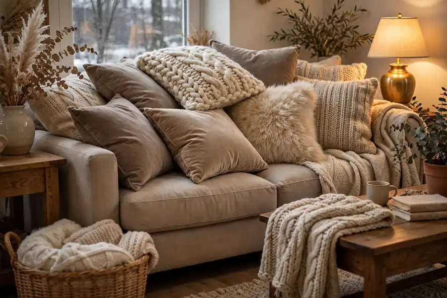 textured velvet and knit cushions piled on a living room sofa