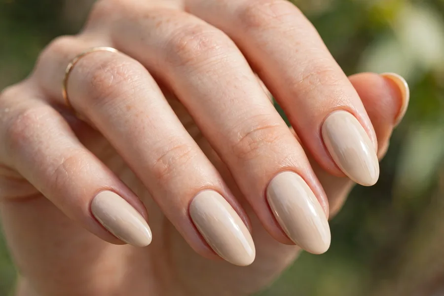 Real hand with creamy beige vanilla latte lip gloss nails, glossy finish