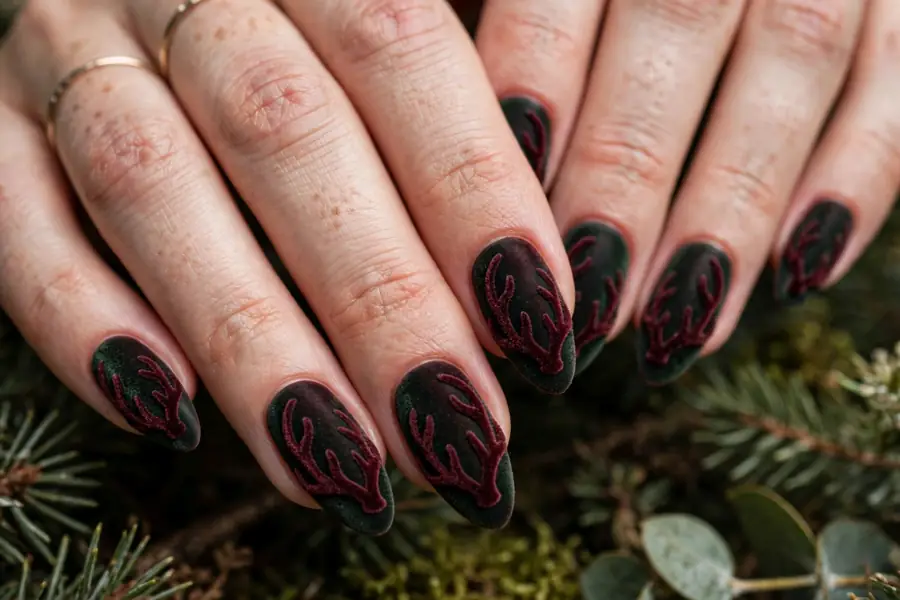 Velvet matte antler reindeer nails on real hands