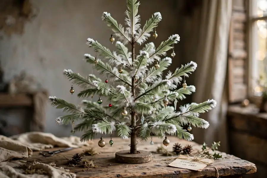 Antique German feather Christmas tree with tiny vintage glass ornaments