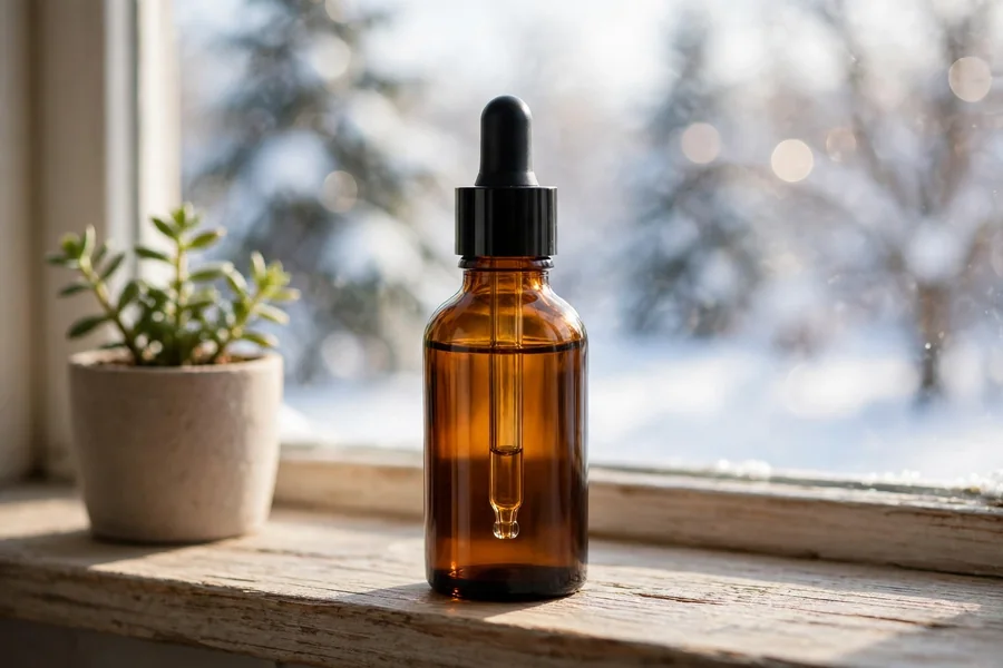 Vitamin C serum bottle beside a winter window