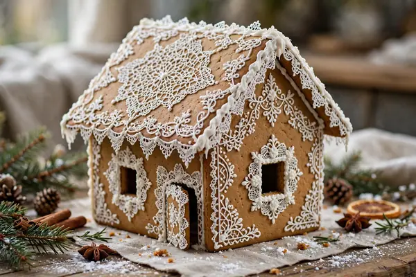 Photorealistic photograph of a gingerbread house with delicate piped white icing lace details on walls and roof