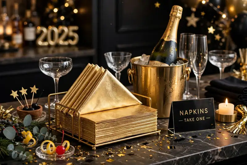 Glam cocktail napkin station with gold napkins for New Year's Eve
