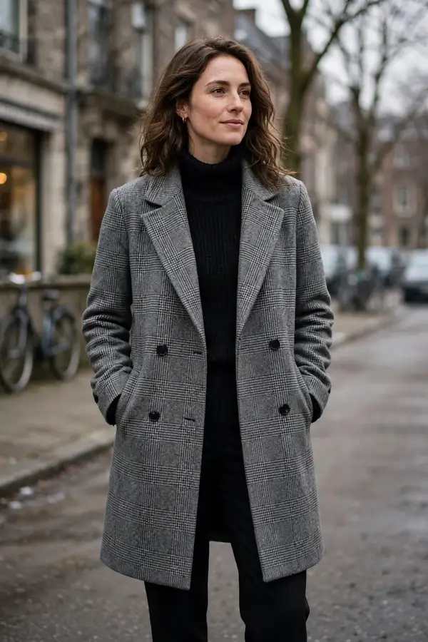 Woman in a grey checked wool coat over black knit and black trousers