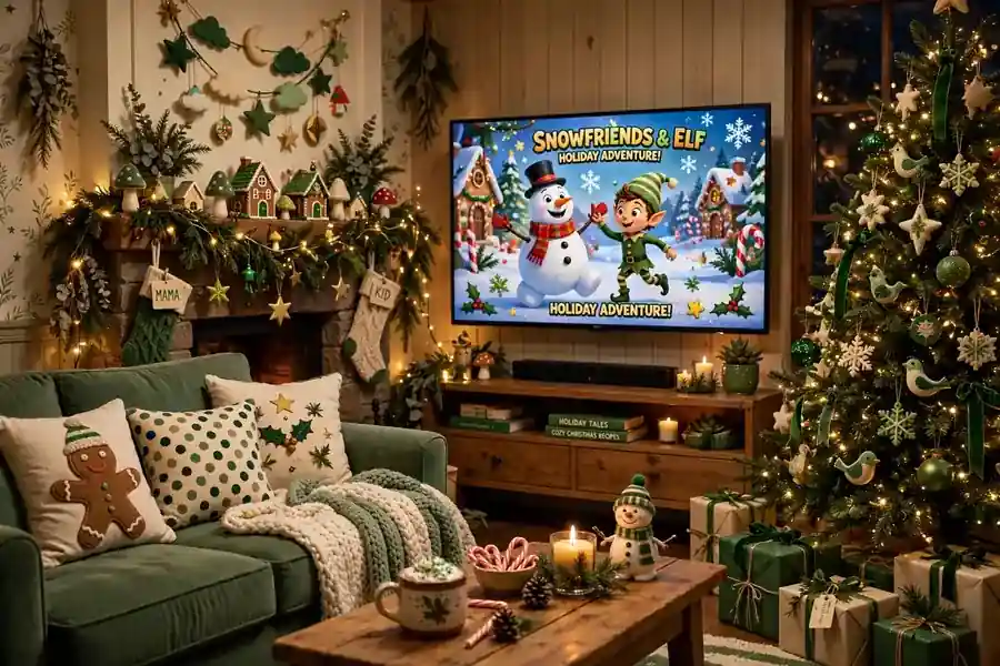 Whimsical Christmas living room with green accents and a playful holiday movie on screen