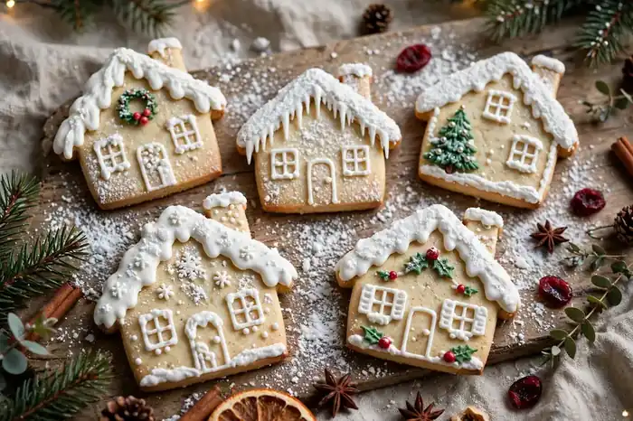 Little house-shaped cookies decorated as snowy cottages with icing roofs
