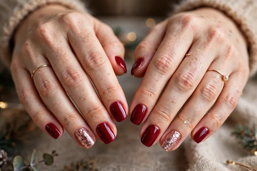Cranberry nails with rose gold glitter accent nails