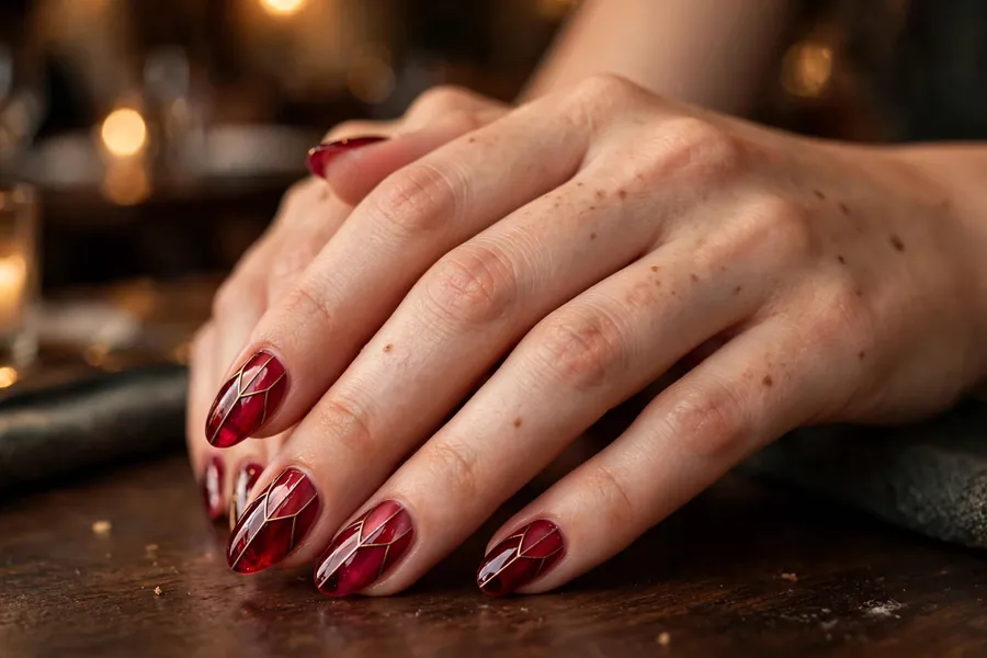 Berry red stained glass effect date night nails on real hands in warm restaurant light