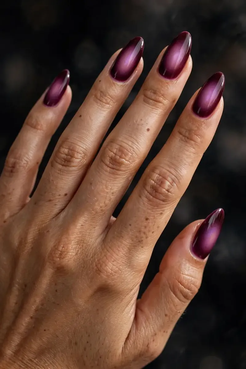 Berry wine aura nails with deep burgundy and plum gradients