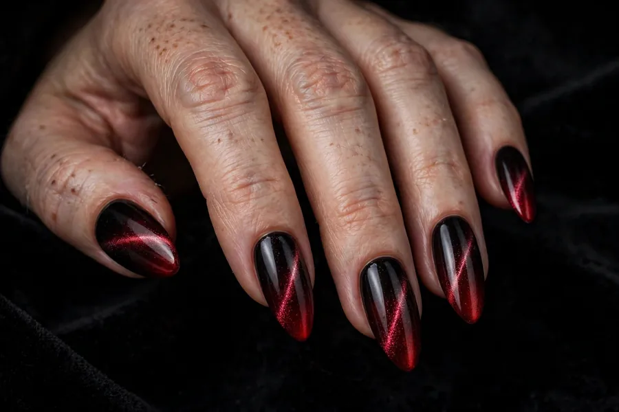 Blackened red ombre dark red cat eye nails