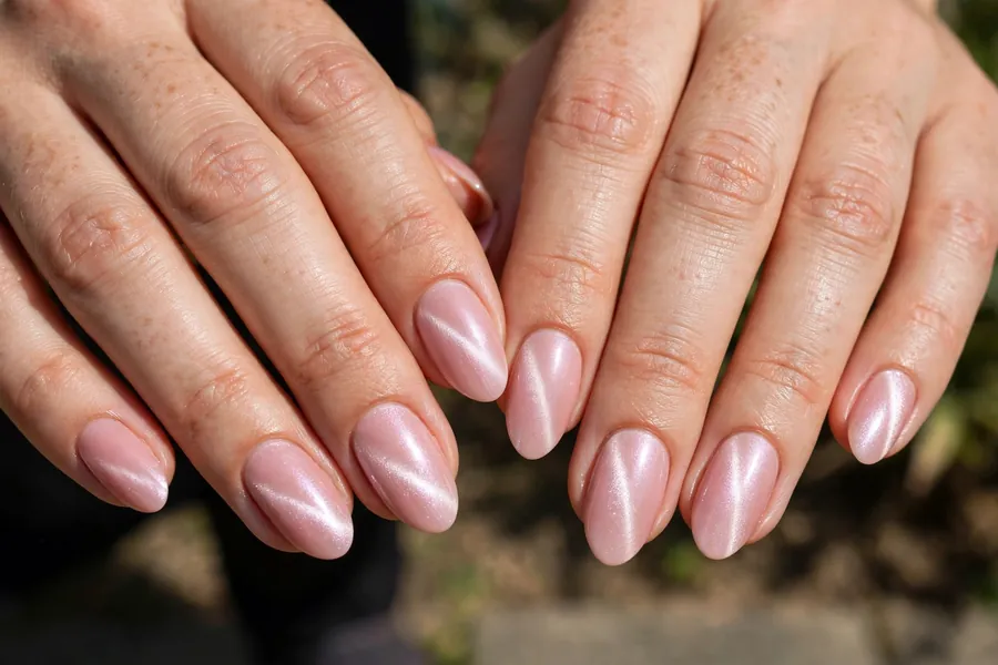 Blush cat eye nails on real hands with a magnetic pink shimmer line