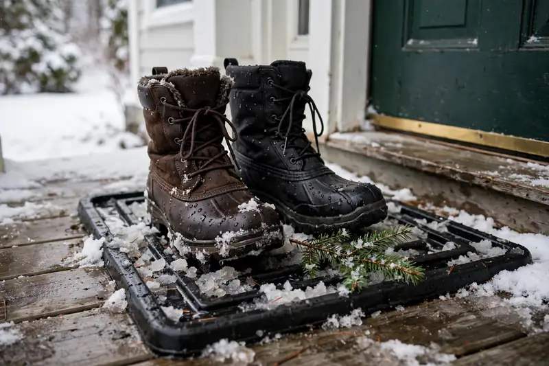 Photorealistic photograph of a boot tray with winter boots and a small evergreen sprig by a front door