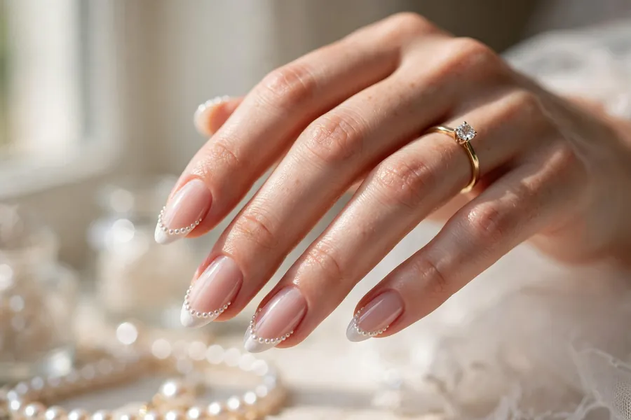 Bridal pearl French tip nails with micro-pearl edging