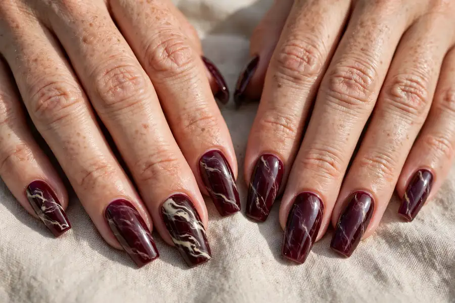 Burgundy marble nails with cream veining