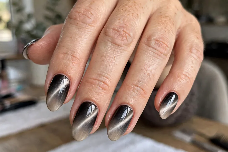 Cat-eye ombre nails fading from dark to light