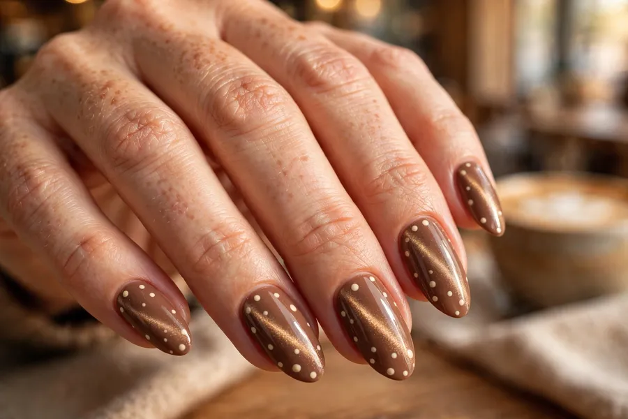 Coffee mocha polka dot cat eye nails with cream dots