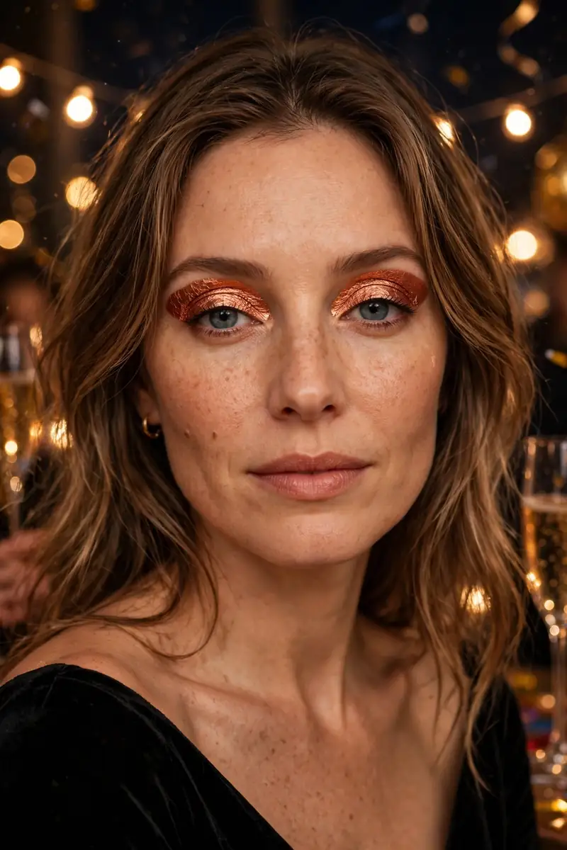 Woman with a copper foil eyeshadow lid for New Year's Eve