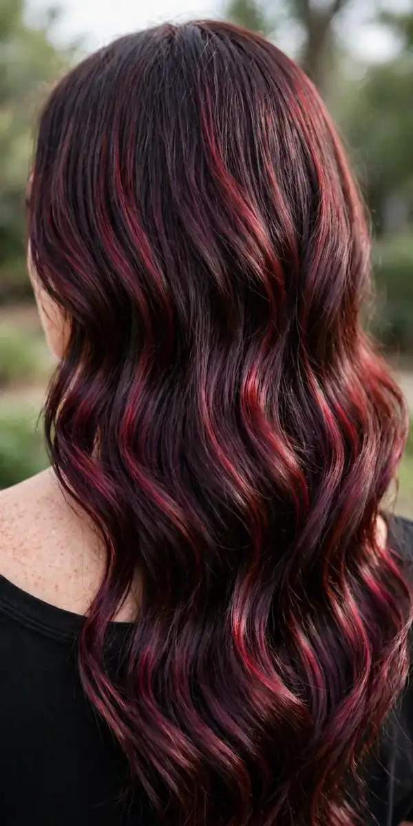 Deep burgundy cherry hair color, wine-toned cherry cola brunette