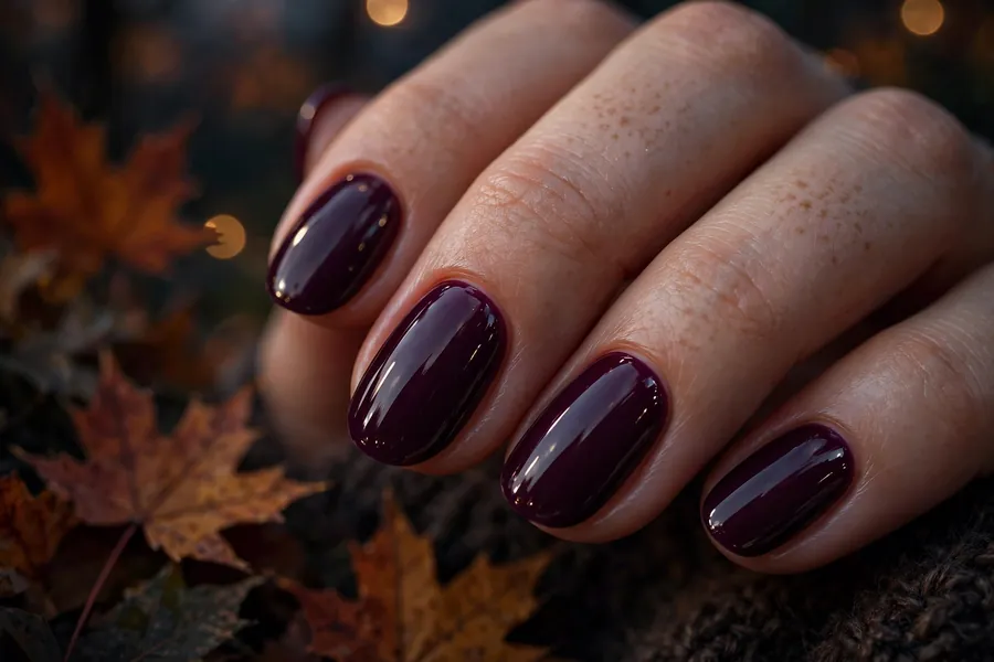 Deep plum glossy fall nails